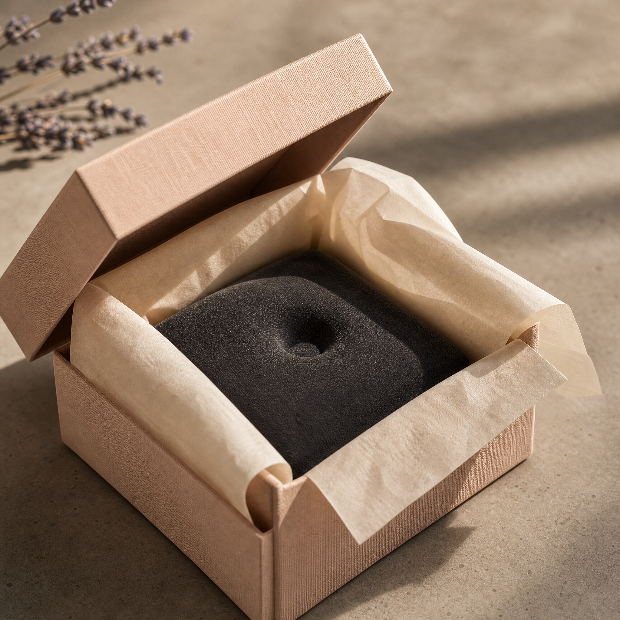 AURA premium packaging — linen box with charcoal velvet cradle